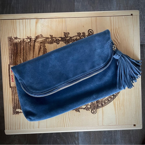 Barneys New York Handbags - Barney’s New York Foldover Suede Blue Clutch